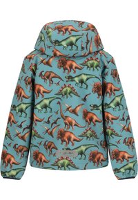 Veste à capuche pour enfants en turquoise, arborant un motif de dinosaure aux couleurs variées. Les matériaux semblent lisses, avec des poignets élastiques et un détail de logo.