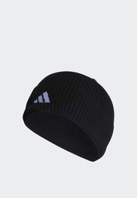 Black knitted beanie with ribbed texture, featuring a light purple Adidas logo on the side. Designed for warmth and comfort.