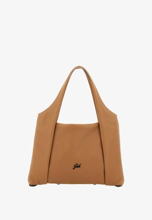 Borsa a mano in pelle color cuoio con manico curvo e piccolo logo nero sul davanti, progettata con una texture a grana e una forma strutturata.