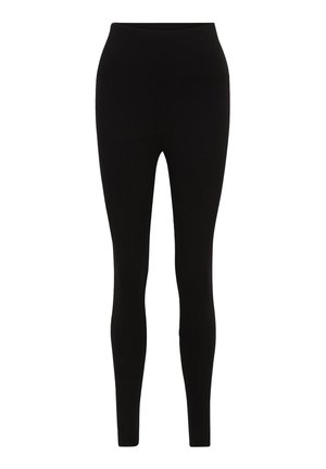 Schwarze Leggings mit hoher Taille, aus glattem, dehnbarem Material. Sie verfügen über ein körpernahes Design, das sich am Knöchel verjüngt.