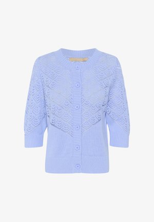 Cardigan a maglia azzurro chiaro con un motivo geometrico in pizzo, bordi a coste e sei bottoni coordinati lungo la parte anteriore. Maniche corte.