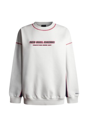 White sweatshirt with red stitching, features "RED BULL RACING" text and "COMPETITION SHOW 2004" detail, ribbed cuffs and hem.