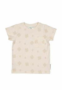 Krämfärgad t-shirt med korta ärmar och ett blommönster i en ljusare nyans, med en framficka och ett etikett på sidan.