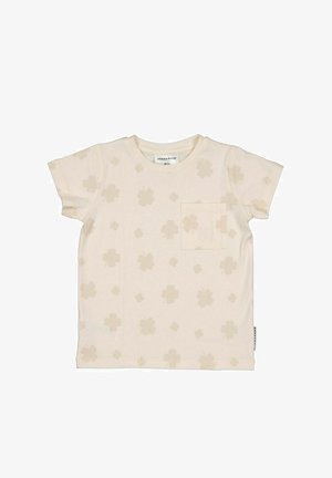 Cremefarvet kortærmet t-shirt med et blomstermønster i en lysere nuancer, der har en lomme foran og et mærke på siden.