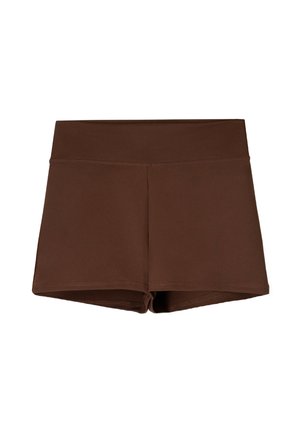 Brune stretch shorts med en glat tekstur, en bred taljeelastik og stikninger, designet til komfort og bevægelighed.