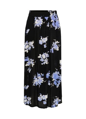 Jupe noire à motifs floraux, ornée de roses bleues et blanches, avec une taille élastique et un tissu léger au design fluide.