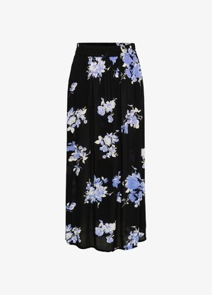 Crna cvjetna suknja s plavim i bijelim uzorcima ruža, elastičnom waistband-om i laganom tkaninom s lepršavim dizajnom.