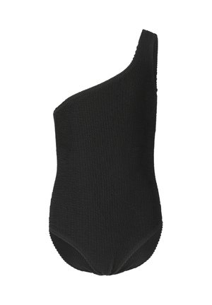 Sort, tekstureret, asymmetrisk badedragt med høj bensnit uden synlige pynt eller mønstre.