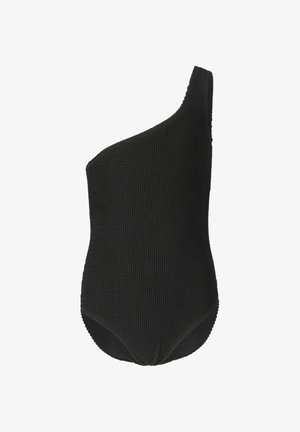 Maillot de bain une-pièce texturé noir à une épaule, avec une découpe haute à la jambe, sans ornements ni motifs visibles.
