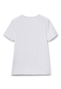 Bílé tričko s krátkým rukávem a kulatým výstřihem, vyrobené z hladkého materiálu. Zadní strana má jednoduchý design bez vzorů nebo akcentů.