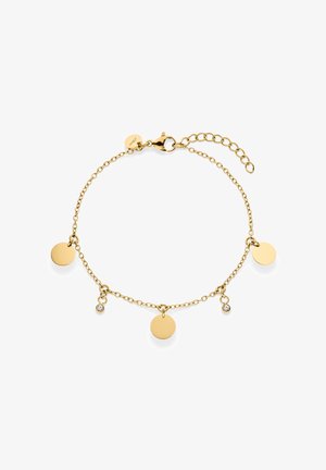 Bracelet chaîne en or avec cinq breloques rondes, dont trois disques lisses et deux petits cristaux, avec un fermoir mousqueton et une chaîne rallonge.