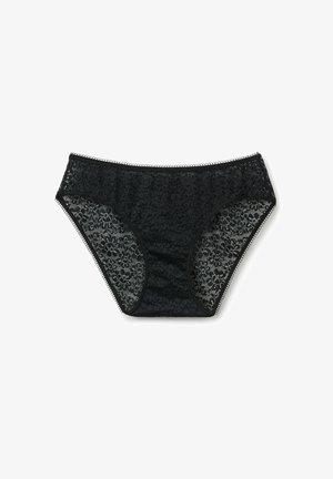 Schwarze Spitzenunterwäsche mit Blumenmuster, mit einem transparenten Rücken und solidem Vorderteil, abgeschlossen mit zarten gewellten Kanten.