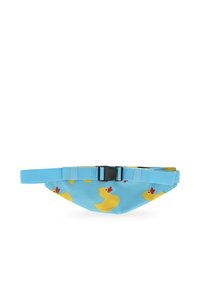 Blauwe stoffen heuptas met gele rubberen eendpatronen, verstelbare band met een zwarte gesp en een gladde textuur.