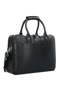 Black leather briefcase with double handles, a detachable shoulder strap, smooth texture, and subtle stitching detail on the front.