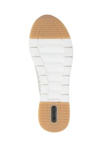 White rubber shoe sole with textured grooves and light brown accents. Features a rectangular logo at the center bottom.
