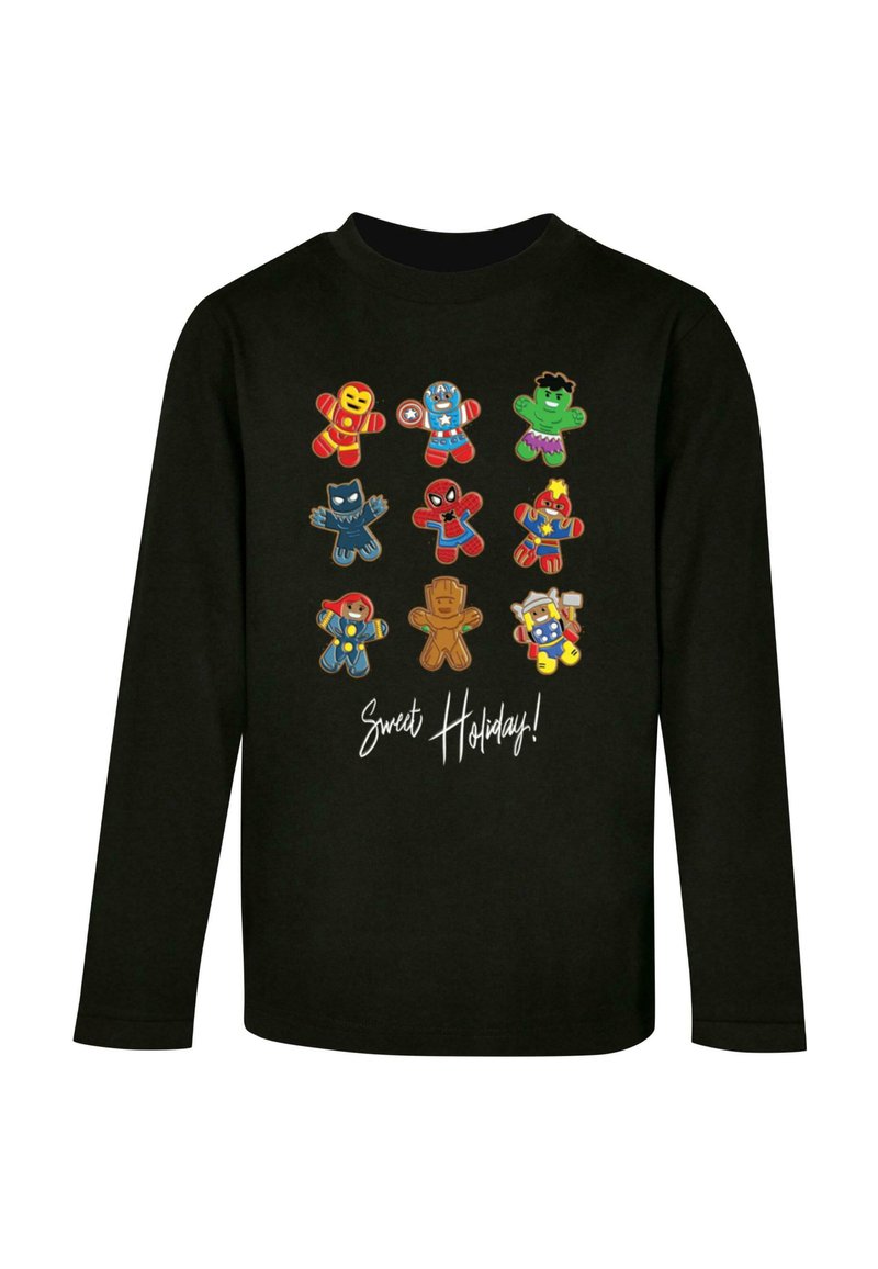 Zwarte langemouwen shirt met kleurrijke peperkoek superhelden karakters en de tekst "Zoete Feestdagen!" in witte schreefletters in het midden.
