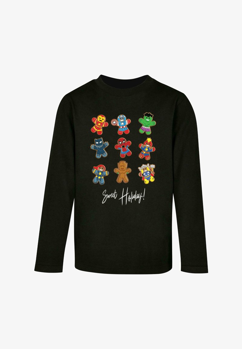 Black long-sleeve shirt featuring colorful gingerbread superhero characters and the text "Sweet Holiday!" in white script at the center.