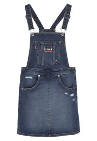Vestito salopette in denim blu scuro con bretelle regolabili, tasca anteriore e dettagli strappati. Presenta due tasche laterali.