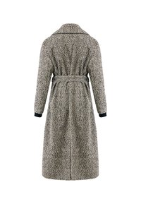 Cappotto a motivo pied de poule in grigio e nero, con vita con cintura, maniche lunghe con polsini neri e uno spacco sul retro.