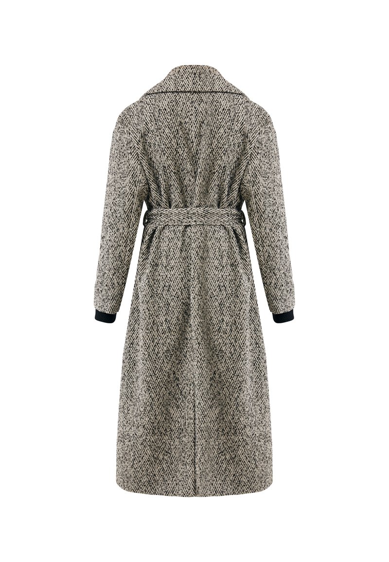 Houndstooth-patroon jas in grijs en zwart, met een riem in de taille, lange mouwen met zwarte manchetten en een achteraanvulling.