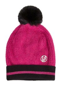 Berretto di lana rosa lavorato a maglia con risvolto a costine neri e striscia rosa. Presenta un pom-pom in pelliccia nera sulla parte superiore e un logo circolare sul lato.