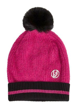 Berretto di lana rosa lavorato a maglia con risvolto a costine neri e striscia rosa. Presenta un pom-pom in pelliccia nera sulla parte superiore e un logo circolare sul lato.
