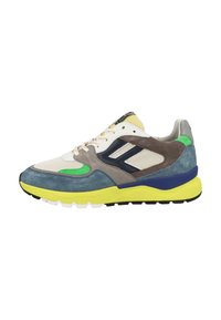 Scarpa sportiva multicolore che presenta un mix di materiali in suede e rete. Il design include dettagli verdi, gialli, grigi e blu con una suola testurizzata.