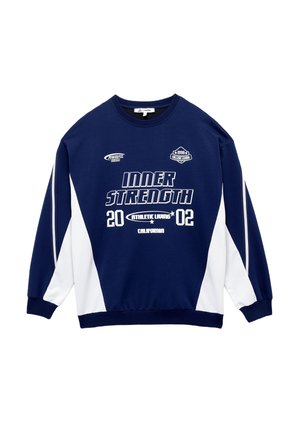 Marineblauwe sweatshirt met witte zijpanelen, grote opdruk "INNER STRENGTH" en logo's. Ribgebreide kraag en manchet.