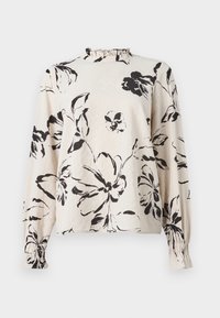 Blusa a maniche lunghe crema con stampa floreale nera, colletto alto ricamato e polsini arricciati.