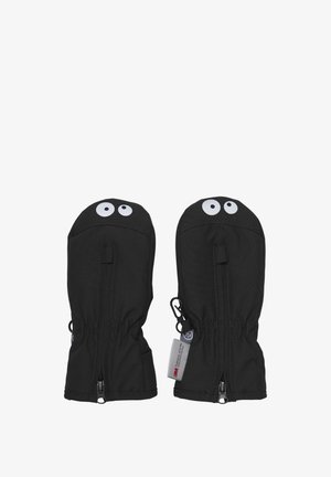 Schwarze isolierte Fäustlinge mit Reißverschlüssen und elastischen Handgelenken, die auf der Vorderseite jeweils zwei weiße Cartoonaugen an der oberen Spitze der Fäustlinge zeigen.