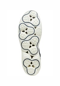 Suola della scarpa con una base in gomma bianca, caratterizzata da un motivo testurizzato, depressioni circolari e ovali per la trazione, e un contorno scuro.