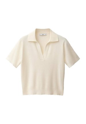 Krémový polo tričko s krátkým rukávem a jemnou texturou, vybavené klasickým límečkem a volným střihem, vhodné pro každodenní nošení.