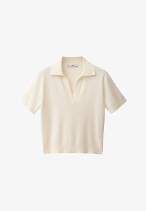 Krémový polo tričko s krátkým rukávem a jemnou texturou, vybavené klasickým límečkem a volným střihem, vhodné pro každodenní nošení.