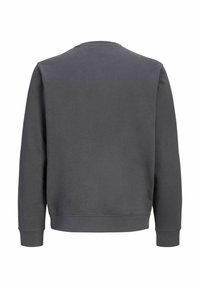 Sweat-shirt gris foncé à manches longues et col rond vu de dos avec poignets et ourlet côtelés sur fond blanc.