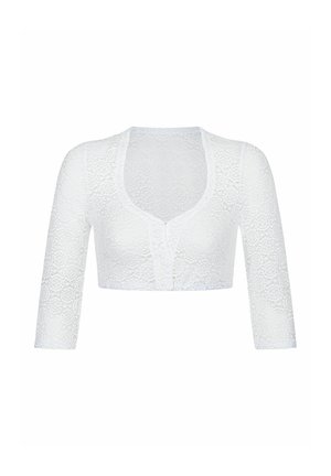 Weißes, kurz geschnittenes Spitzen-Cardigan mit Dreiviertelärmeln und Knöpfen vorne, mit floralem kreisförmigem Spitzenmuster.