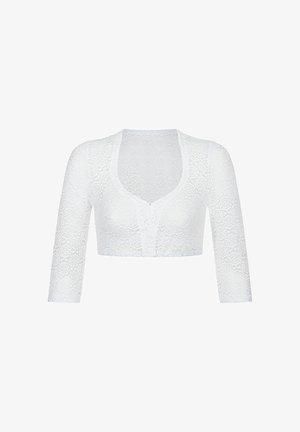 Weißes, kurz geschnittenes Spitzen-Cardigan mit Dreiviertelärmeln und Knöpfen vorne, mit floralem kreisförmigem Spitzenmuster.