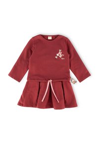 Rotes langärmliges Kleid mit einem plissierten Rock, das ein florales Design in Pink und Blau aufweist. Mit einem pinken Kordelzug und einem Hasencharme-Detail.