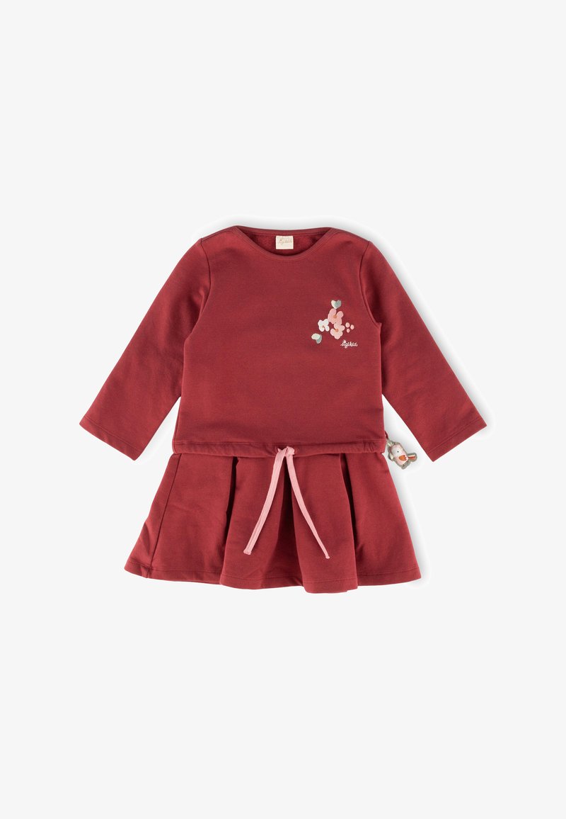 Rotes langärmliges Kleid mit einem plissierten Rock, das ein florales Design in Pink und Blau aufweist. Mit einem pinken Kordelzug und einem Hasencharme-Detail.