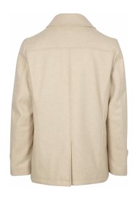 Beige wollenblend jas, gestructureerd ontwerp, met dipped kraag, rechte zoom, gedetailleerde stiksels en geen zichtbare sluitingen op de rug.