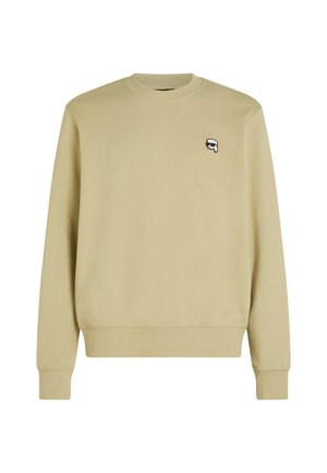 Jasno beżowa bluza z długimi rękawami, okrągłym dekoltem, prążkowanymi mankietami i dołem. Posiada małe logo graficzne na piersi.