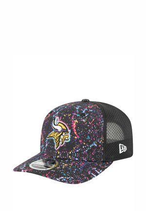 Black cap with a mesh back, featuring a colorful splatter pattern and a front Vikings logo in yellow, white, and purple.
