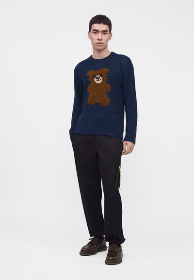 Jeune homme portant un pull bleu marine avec un grand motif ours en peluche marron, pantalon noir avec poche latérale et chaussures marron foncé, debout face à l'avant.