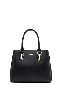 Borsa sintetica nera con una forma strutturata, caratterizzata da dettagli in metallo dorato e due manici superiori. Dettaglio del logo semplice sulla parte anteriore.