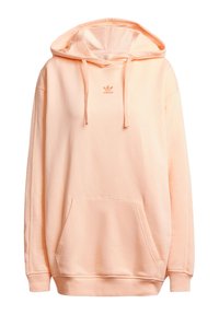 Persikofärgad hoodie i bomullsmaterial. Har en framficka, dragsko på huven och en liten logotyp på bröstet. Mjuk textur.