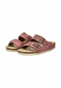 Ružové semišové sandále na slip-on s dvoma nastaviteľnými popruhmi a striebornou prackou; s korkovou stielkou a bielou gumovou podrážkou.
