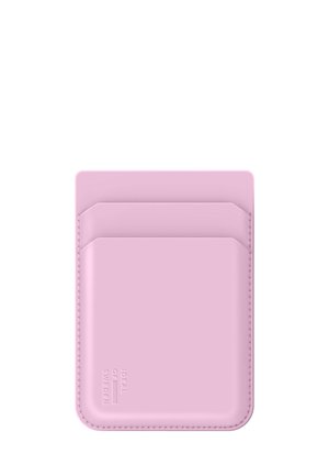 Slim pink leather card holder with two card slots and "Ideal of Sweden" embossed on the bottom left corner.