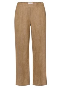 Pantalon en mélange de lin brun clair avec une texture lisse, coupe droite et taille élastique. Sans poches visibles ni ornements.
