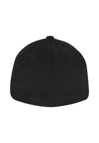 Svart baseballcaps med avrundet krone, laget av tekstilmateriale. Har ventileringshull på sidene for pusteevne.