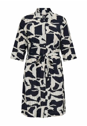 Košilová šaty v krémové barvě s černým abstraktním potiskem, mají límec, zapínání na knoflíky, tříčtvrteční rukávy a opasek v pase.