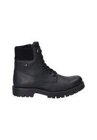 Botte cheville en cuir noir avec un col en suède, bout arrondi, devant à lacets, et semelle en caoutchouc texturée présentant des rainures profondes pour une meilleure adhérence.